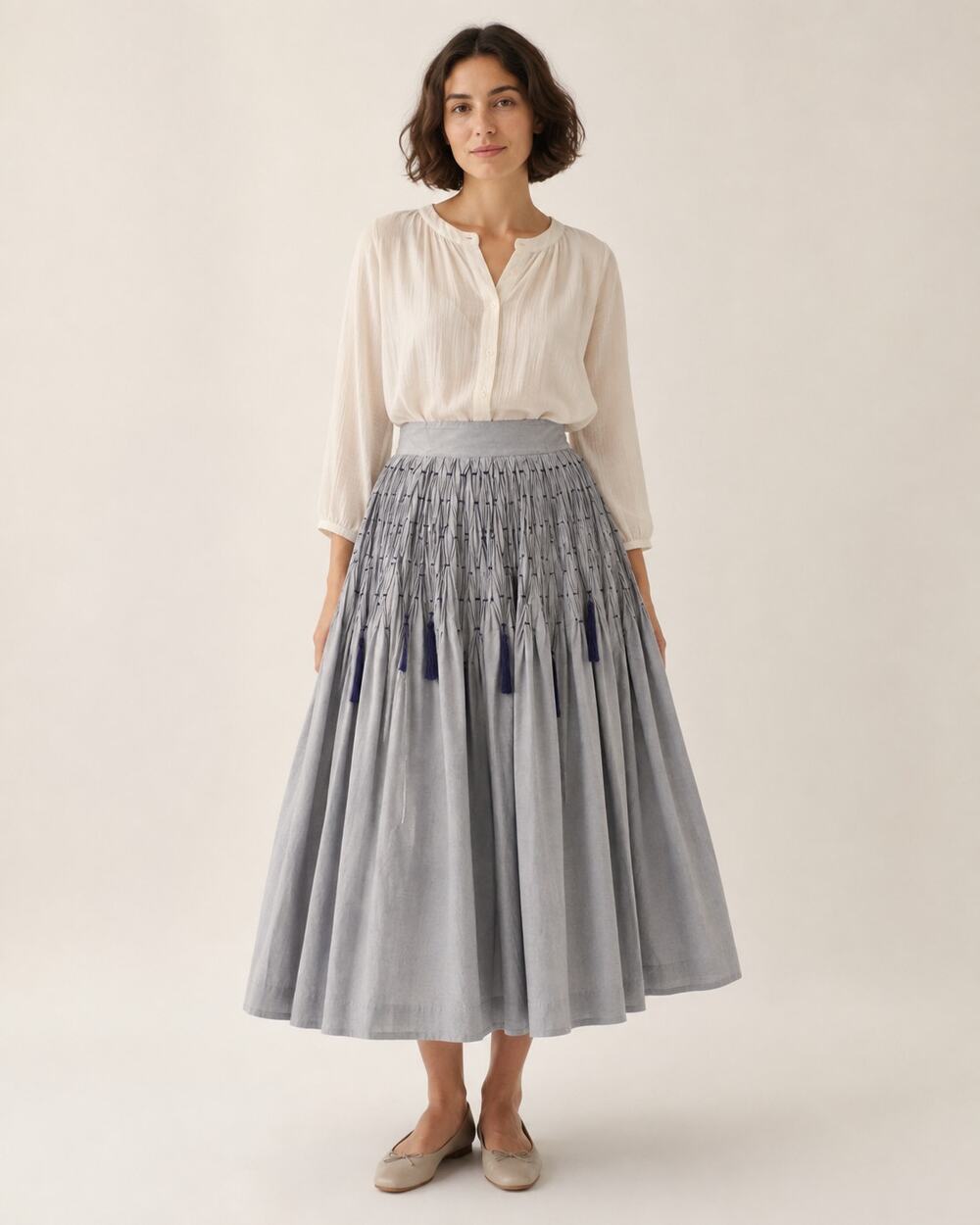 Vintage Handmade Blue Silk Smocked Full Skirt Tassels SIZE XS 26 Waist